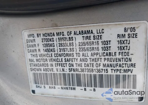 2005 Honda Odyssey Ex-L from USA, damaged, VIN 5FNRL38735B136715